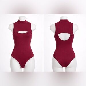Burgundy Cutout Bodysuit Sleeveless Mock Neck Small